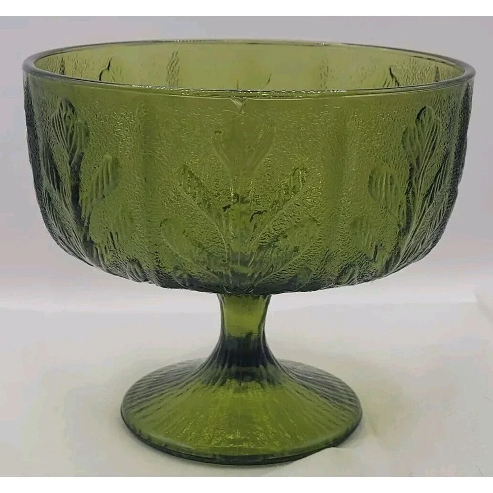 Vintage‎ FTD Avacado Green Glass Footed Dish Oak Leaf Pattern